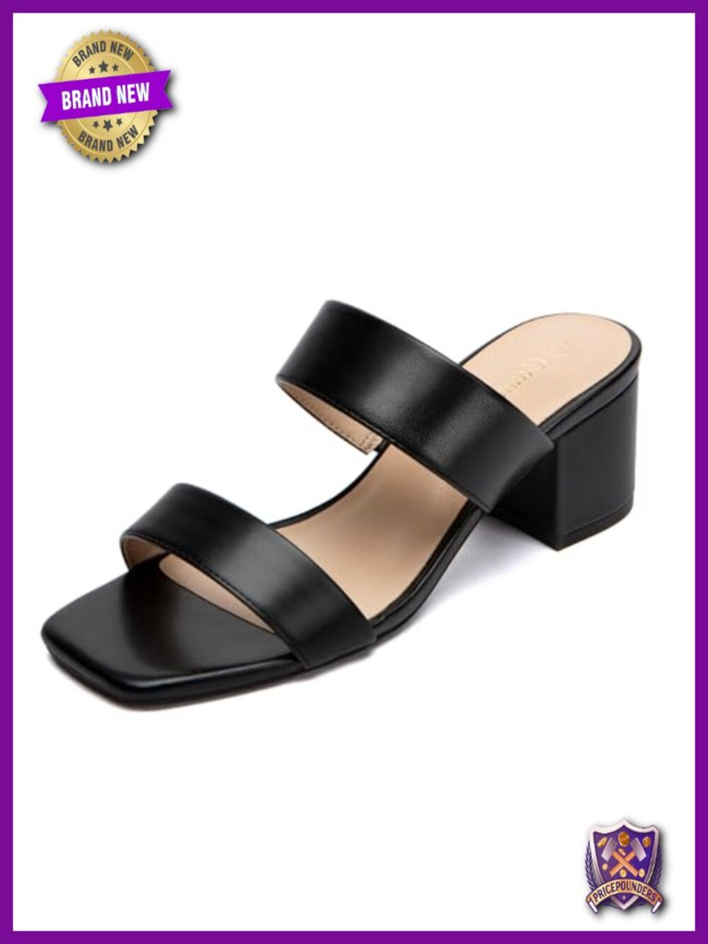 Square Toe Two Strap Block Heel Sandals - Chunky Heels Slides - Wide Width